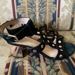 Kate Spade Black Heels Gold Trim Leather Open Toe Ankle Strap Size 7M